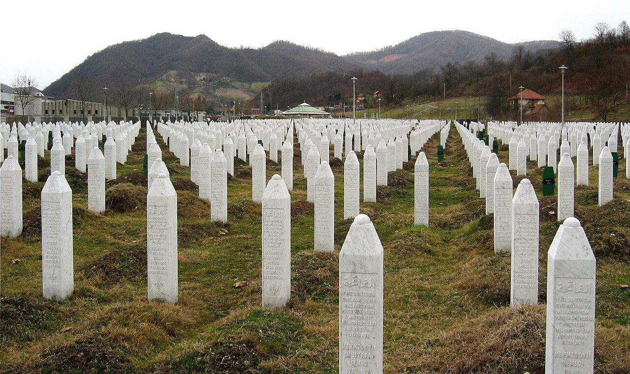 Rows of white gravestones at the Srebrenica-Potočari Genocide Memorial Center